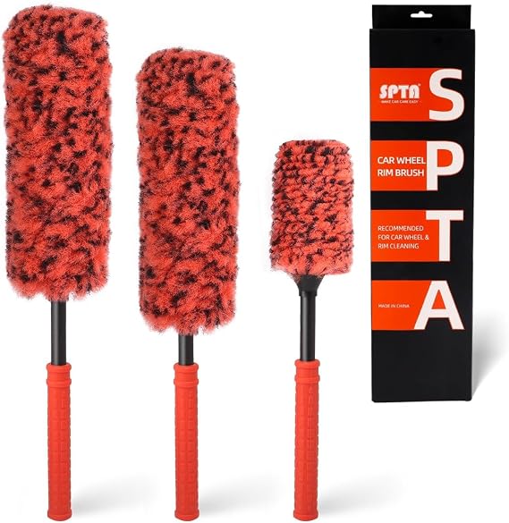 SPTA 3Pcs Car Wheel Cleaning Brushes, Synthetic Wool Wheel Tire Brush Kit, Flat Spoke Wheel Cleaning Brush, No Metal Wheel Rim Cleaning Brush, Car Detailing Brushes Set, Multipurpose Car Wheel Brush