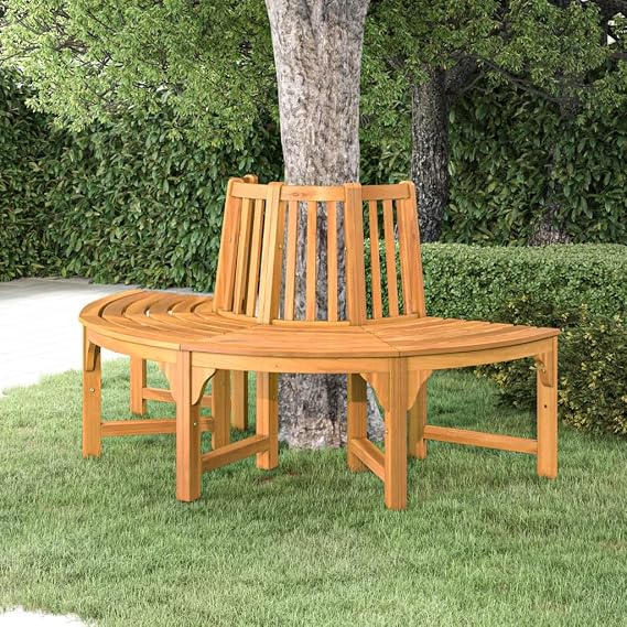 Solid Wood Patio Tree Bench Outdoor Tree Bench Garden Bench Half-Round Tree Bench Garden Furniture Decoration, 63" Wood