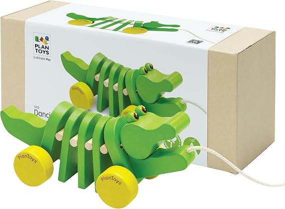 PlanToys Dancing Alligator Pull Toy for Toddlers | Eco-Friendly Wood Toy with Click-Clack Sound | Walking Toy for Babies
