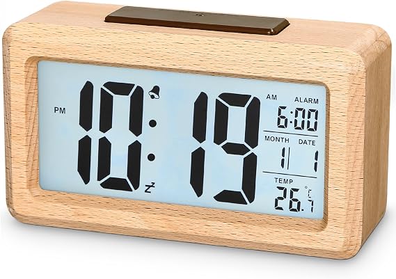 Digital Alarm Clock, Wooden Alarm Clock with Large Screen, Desktop Clock with Sensor Modules, Digital Clock with Snooze Modules, 12/24 Hours, Date, Temperature Display,