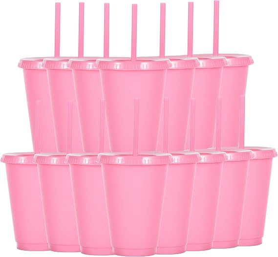480ml Reusable Plastic Cups, 15 Pack of Kids Tumbler with Lid and Straw, for Cold Drinks, Iced Coffee, Travel and Smoothies (15, Pink)