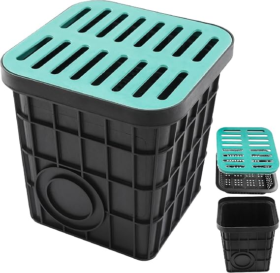 Catch Basin with Grate, French Drain Kit with Debris Basket, 15.7 x 15.7 x 15.7 Inch Square Large Catch Basin for Drainage Without Reserved Hole for Yard, Downspout, Lawn (15.7 x 15.7 x 15.7 Inch)