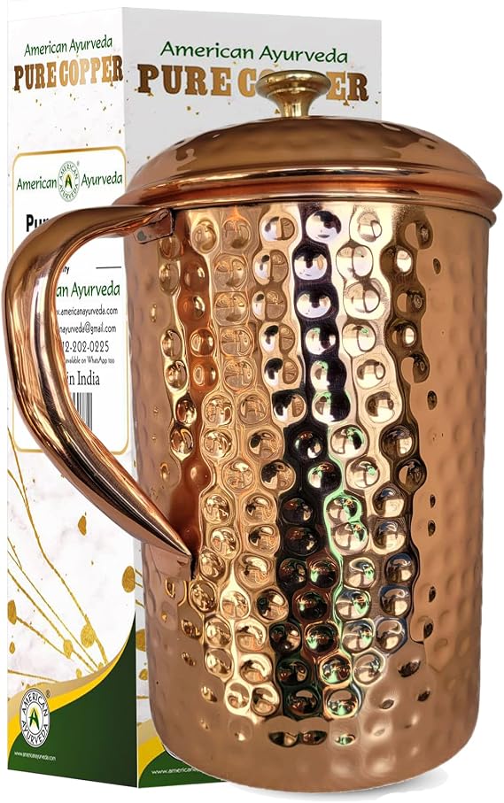 Half Gallon (2.2 L) Capacity Extra Large Hammered 100% Pure Copper Pitcher | Jug | Pure Copper Lid with Brass Knob included by American Ayurveda (CPR-HMD-12GAL-2.2L-JUG)