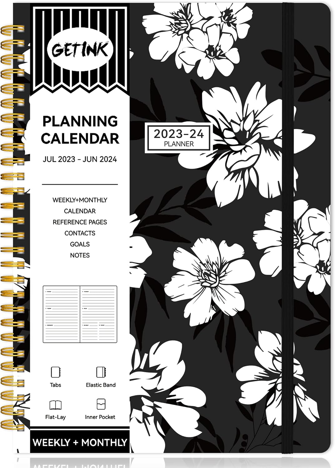 Getink 2023-2024 Planner Weekly & Monthly Daily Agenda Book, July 2023 - Jun 2024 To Do List Notebook with Monthly Tabs, Inner Pocket, Spiral Bound, Elastic Closure, Thick PaperFlower,B5