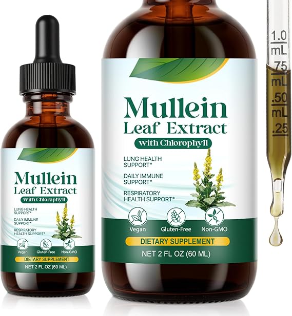 Mullein Leaf Liquid Drops 60Ml, Mullein Leaf Extract with Chlorophyll, Daily Immune Support, Respiratory Health Support, Fast Absorption, Health Supplements