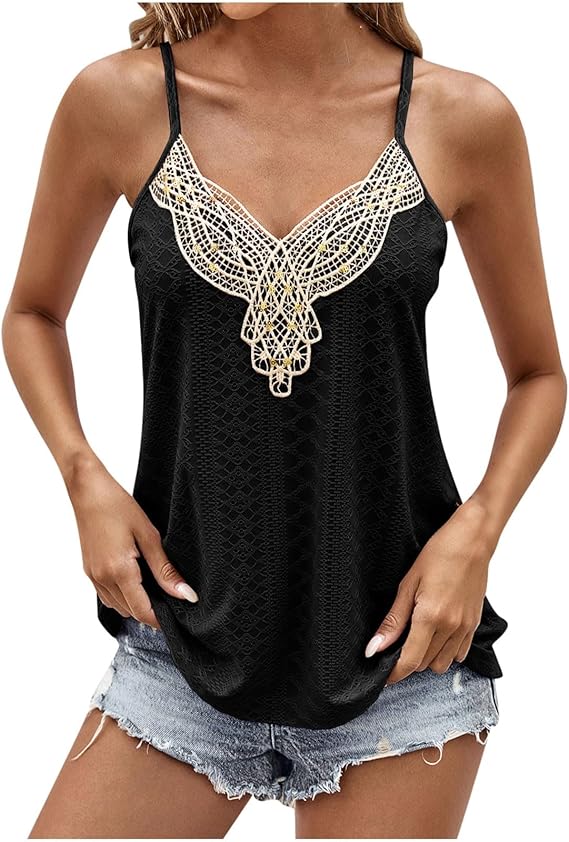 Womens Eyelet Tank Top Lace Patchwork V-Neck Spaghetti Strap Camisole Summer Breathable Hollow Out Sleeveless Vest