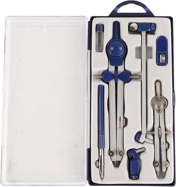 Geometry Set Metal Compass 7-Piece Maths Compass and Protractor Set Geometry Tool Set with Shatterproof Storage Box for Architects Engineers Students