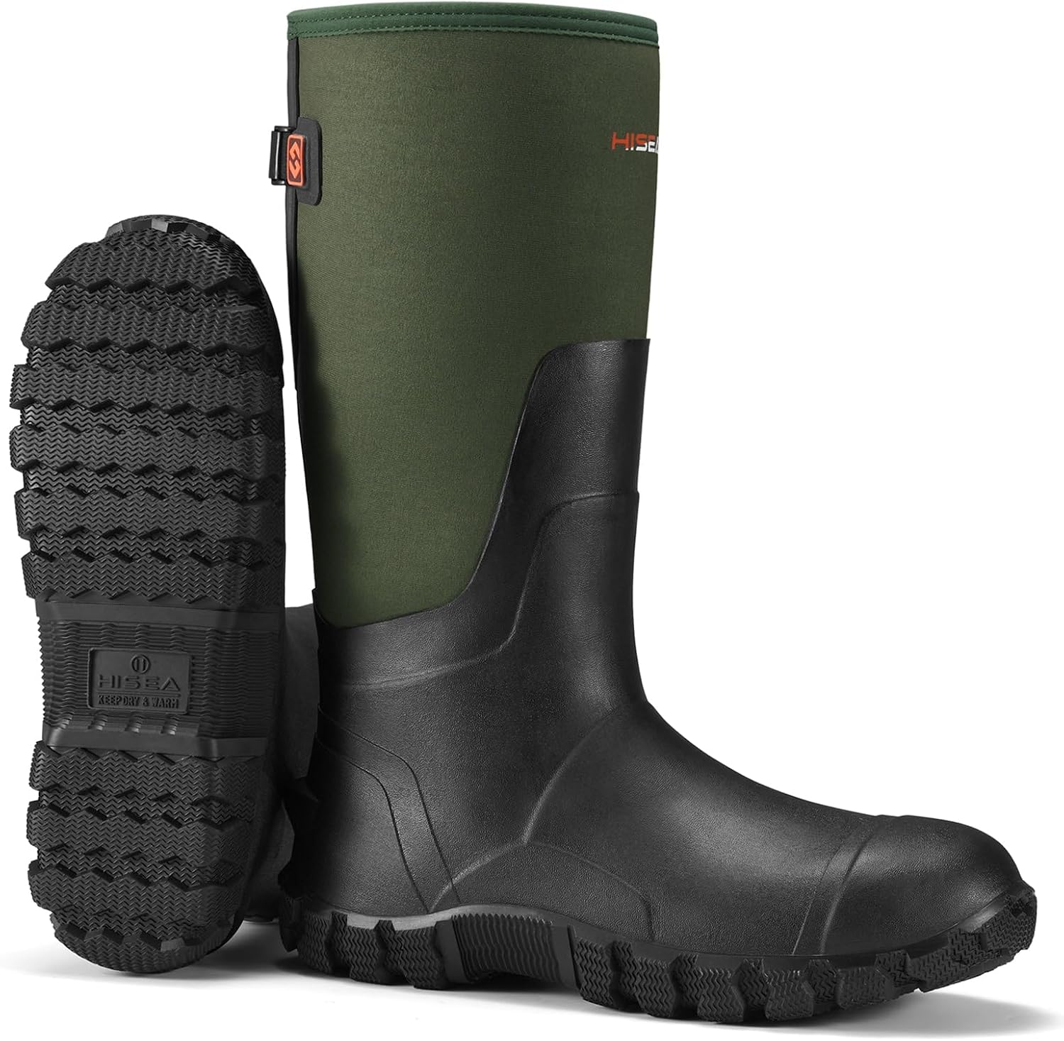HISEA Upgraded Mens Rain Boots, Waterproof Insulated Neoprene Rubber Boots with Steel Shank, Durable Anti-Slip Outdoor Work Boots for Hunting Gardening Farming Fishing Mud Working, Adjustable Calf