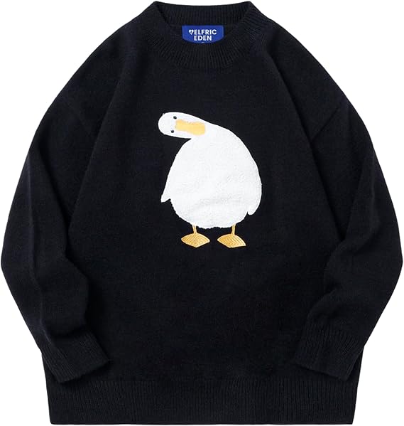 Aelfric Eden Oversized Sweaters for Women Trendy Unisex Duck Graphic Knit Fall Sweater Streetwear Couple Crewneck Pullover