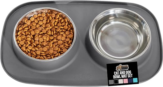 GORILLA GRIP Dog Bowl Set with Feeding Mat, 304 Stainless Steel, 2 Cup Gray
