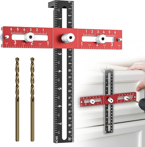 Cabinet Hardware Doweling Jig, Foldable & Adjustable Cabinet Template Tool for Knobs, Handle and Pull Self Centering Punch Locator Precise Woodworking Straight Hole Drill Guide for Drawer Installation