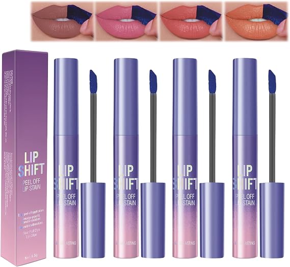 4 Colors Lip Stain Peel Off, Long Lasting Waterproof Transferproof Peel Off Lip Stain, Non-stick Cup Matte Finish Liquid Lipstick Makeup for Women