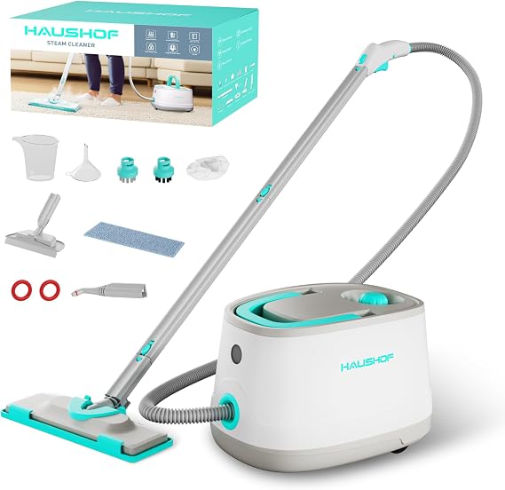 HAUSHOF 1500W Steam Cleaner, 4-Bar Pressurized Portable Steamer with 1.5L Large Tank, Wheels and 16 Accessories, Multi-Purpose Steam Cleaner for Car Detailing, Floors, Tile, Grout & Grease
