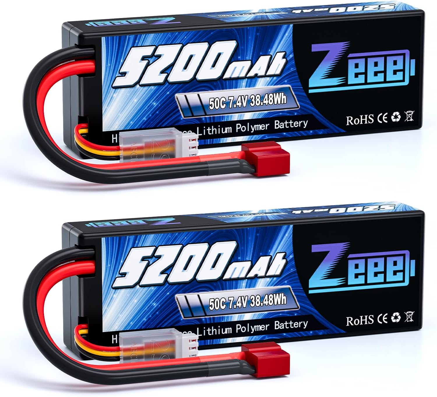 Zeee 2S Lipo Battery 5200 mAh 7.4 V 50C RC Lipo Batteries with T Connector for RC Evader BX Car Truck Truck Truggy RC Hobby 2 Packs