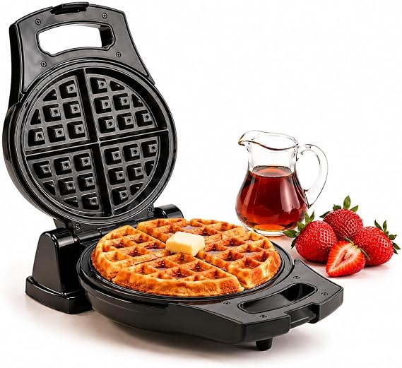 Moss & Stone Belgian Waffle Maker Rotating Flip Design, 8-Inch Electric Waffle Iron, Non-Stick Grids for Easy Release & Clean, Adjustable Temperature, Compact Upright Storage, Black