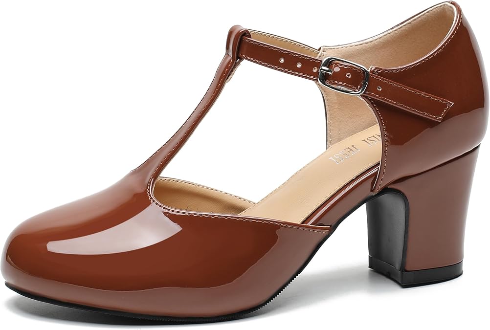 MAIERNISI JESSI Women's T-Strap Mary Jane Pumps, 2.56 Inch Block Heel, Round Toe, Buckle Closure