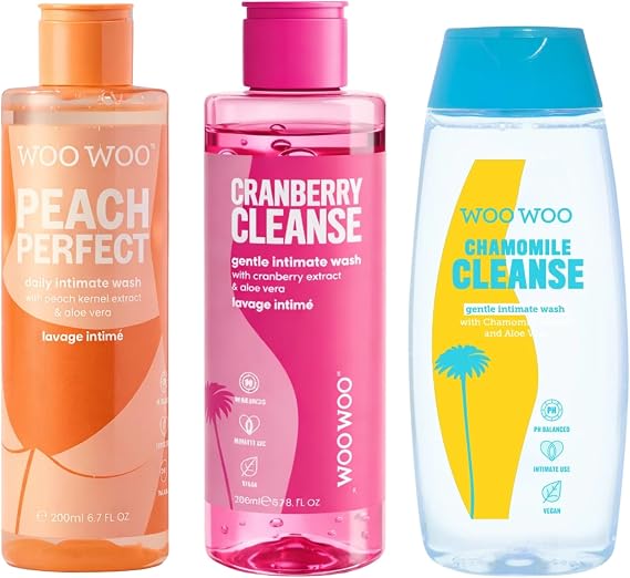 WooWoo Intimate Body Wash Bundle - Peach Perfect, Cranberry Cleanse & Chamomile Cleanse - pH Balanced, Vegan & Gentle Daily Body Wash with Aloe Vera for Sensitive Skin - 3 x 200ml