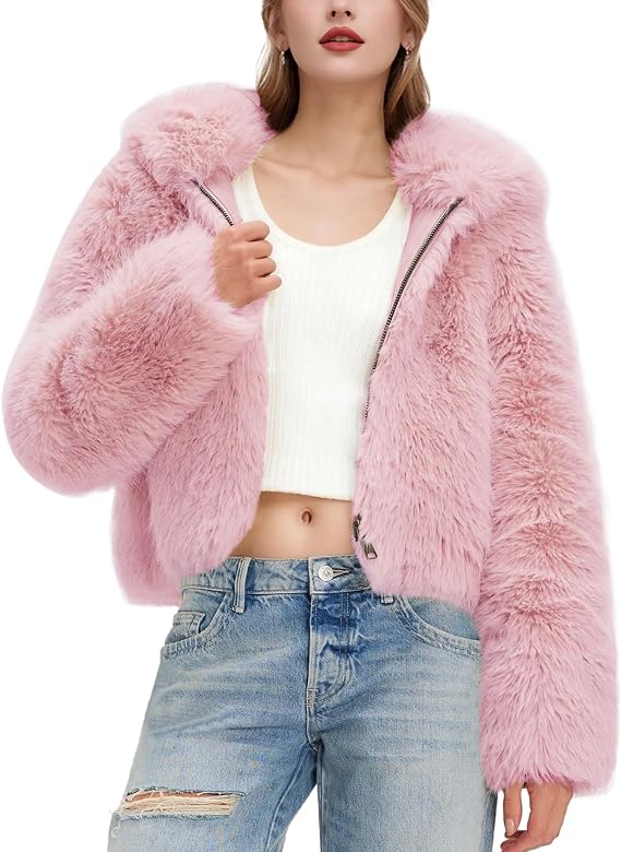Flygo Womens Faux Fur Coat Cropped Fluffy Hooded Winter Jackets Zip Up Open Front Fuzzy Short Shaggy Warm Coats with Pockets
