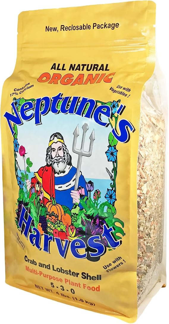 Neptunes Harvest Organic Crab & Lobster Shell Multi-Purpose Plant Food (5-3-0) - 4 LB Resealable Bag - Rich in Nutrients Soil Fertilizer - Plant Food for Lawns, Gardens, and Vegetables