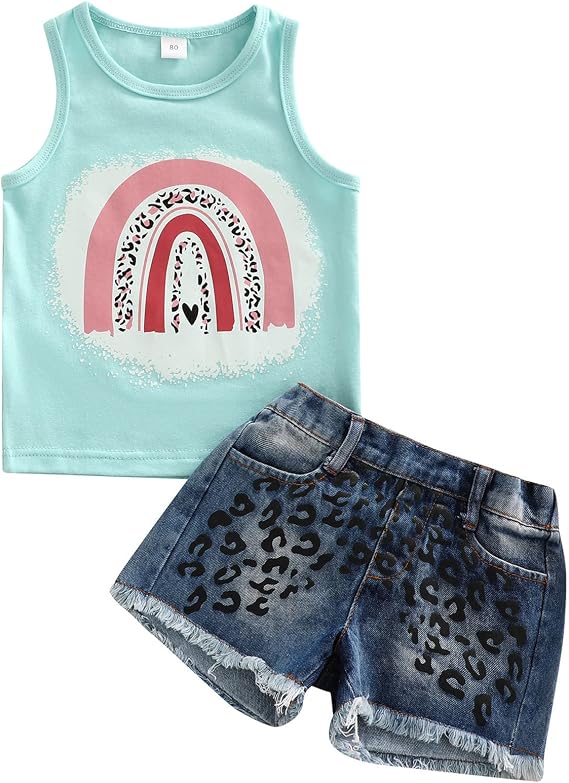 Toddler Baby Girls Smell The Rose T shirtTops + Denim Skirts Clothing Outfit Set