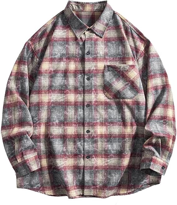 Men's Button-Down Shirt Plaid Spring Fall American Style Retro High Street Loose Fit Casual Long Sleeve Top