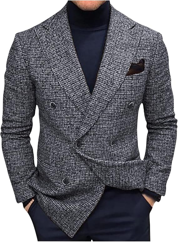 Men's Classic Fit Plaid Casual Blazer Jacket Notched Lapel Two Button Suits Coats Striped Business Blazers Coat Gray