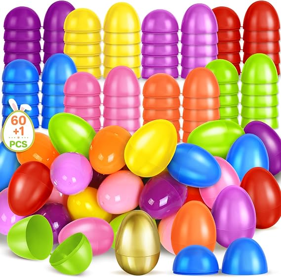 SpringFlower 2.3 Unfilled Easter Eggs, 60 pcs Colorful Egg Plus 1 Golden Egg, Empty Plastic Eggs Fillable with Candy, Treats, Presents for Toy Basket,Easter Decorations, Toy Egg Basket,Boys & Girls