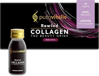 PUROVITALIS Rewind Liquid Collagen, Hydrolyzed Grass-fed Bovine Collagen Peptides 6000mg, 15 vials x 60ml, Highly Bioavailable Supplement for Skin, Hair & Joints