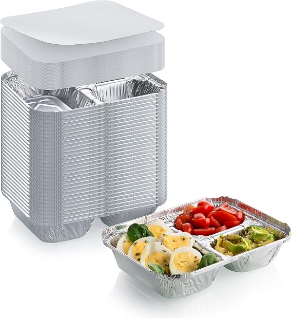 DCS Deals Disposable Aluminum Dinner Tray with Paper Lids 3 Compartment Foil Pan Perfect for On the Go Lunches, Leftovers, TV Plate or Takeout Convenient Airline Food Tray