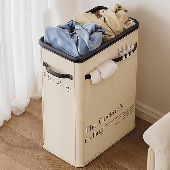 Laundry Basket with Handles, Freestanding Tall Laundry Hamper Waterproof, Collapsible Laundry Basket with Side Storage Pockets, Clothes Hamper for Bedroom, Bathroom, Dorm, Toys Storage(Beige)