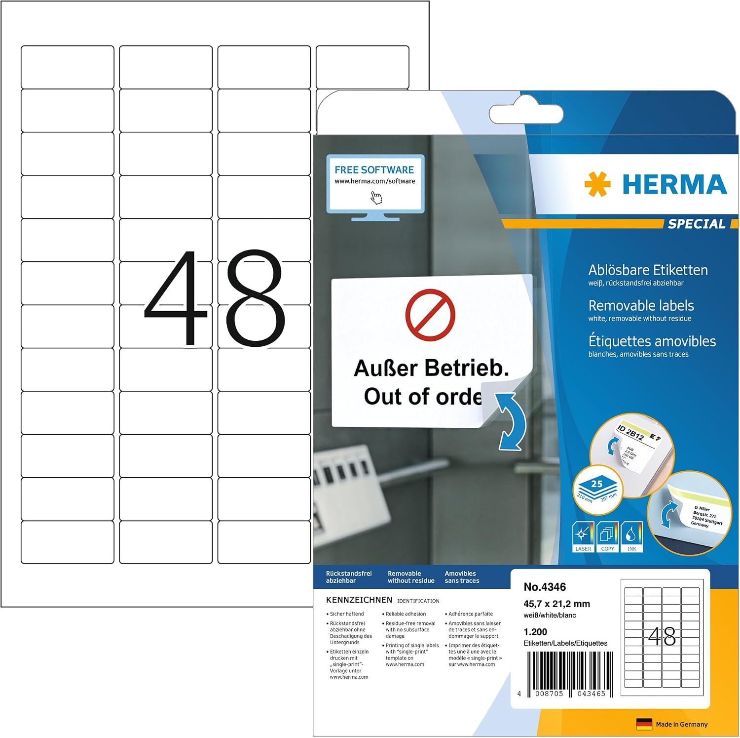 HERMA Self Adhesive Removable Labels, 48 Labels per A4 Sheet, 25 Sheets, 45.7 x 21.2 mm, 1200 Labels, Blank Multipurpose Labels Stickers, Sticky Labels for Laser & Inkjet Printer, White