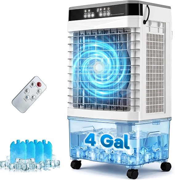 KOTEK Swamp Cooler Air Conditioner, 1800 CFM Portable Evaporative Cooler w/ 4 Gal Water Tank 3 Speeds 4 Ice Boxes 12H Timer Remote, Windowless Oscillating Cooling Fan for Room Bedroom Office