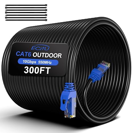 300FT Cat6 Outdoor Ethernet Cable, In-Ground, Heavy Duty Direct Burial, 24AWG CCA Patch Cord, POE, UTP, Waterproof, LLDPE UV Resistant, Network, Internet, LAN, Cat 6 Cable 300 Feet with 25 Cable Ties