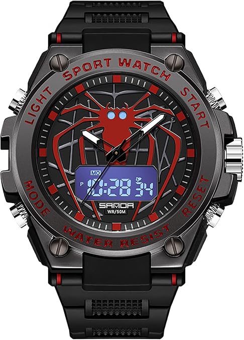MASTOP Men's Spider Design Watch Outdoor Sports Waterproof Alarm Calendar Multi-Function Luminous Stopwatch with Digital and Analog Dual Display Watches for Men