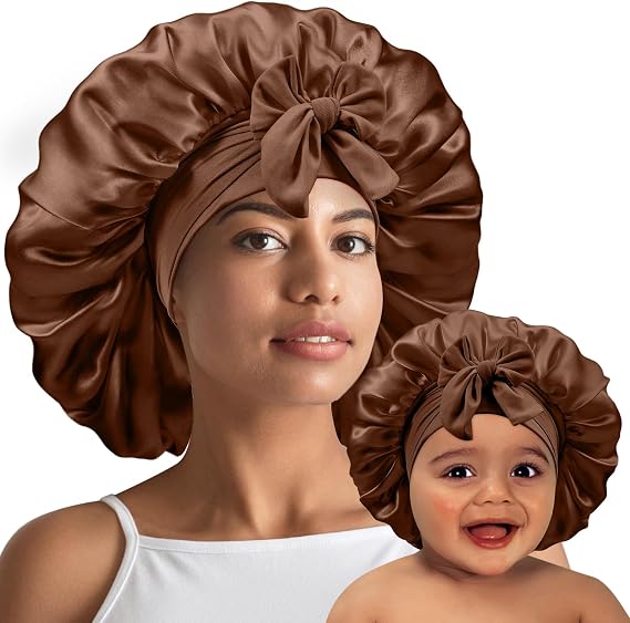 2 Pcs Mommy and Me Bonnet Set, Satin Bonnets for Sleeping, Coffee