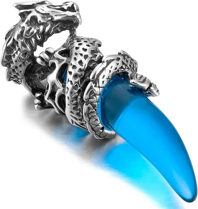 INBLUE Dragon Wolf Tooth Pendant for Men Women Stainless Steel Cool Necklaces Simulate Crystal Gemstone Boyfriend Gifts Jewelry with 23 Inches Chain