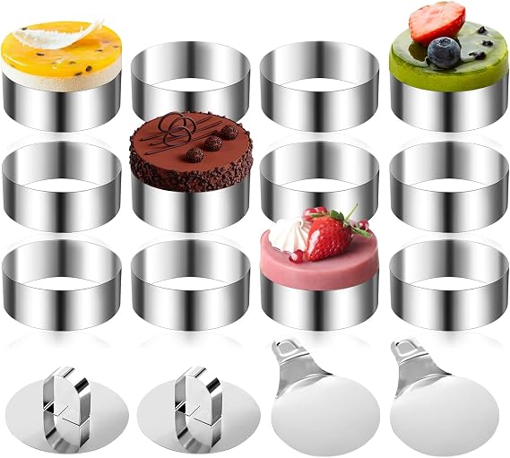 16 PCS Mousse Ring Set, 8cm Baking Rings Stainless Steel Cake Rings Round Mousse Mould Ring Cake Mold with Food Press Spatula for Crumpets Eggs Pastry Desserts