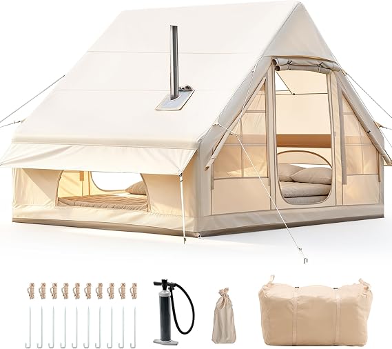 Inflatable Camping Tent with Chimney Opening & Roof Window, Inflatable Tent for 2-10 per with Air Pump, Inflatable Tent Made of Waterproof Oxford Fabric for Seasons, Quick Assembly Air Tents