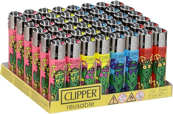 Clipper - Classic Large Reusable Lighter - Iconic Premium Refillable Lighters Bulk Pack - Replace Butane, Flint, and Spark Wheel for Unlimited Lights - 48 Pack - Hippie Cactus