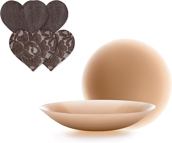 Nippies Adhesive Nipple Covers + Fabric Pasties Set - 1 Pair of Reusable Silicone Covers Coco Size 1 + 2 Pairs of Mocha Heart-Shaped Fabric Pasties - Discreet, Skin-Friendly, Chic Travel Box Included