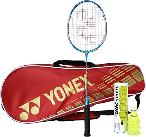 YONEX Badminton Full Kit Combo (1 Badminton Kit Bag, Red + 1 GR 303 Badminton Racquet, Blue + Pack of 6 Nylon Shuttlecock)