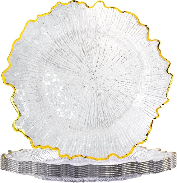MAONAME Clear Charger Plates Set of 8, Reef Plate Chargers with Gold Rim