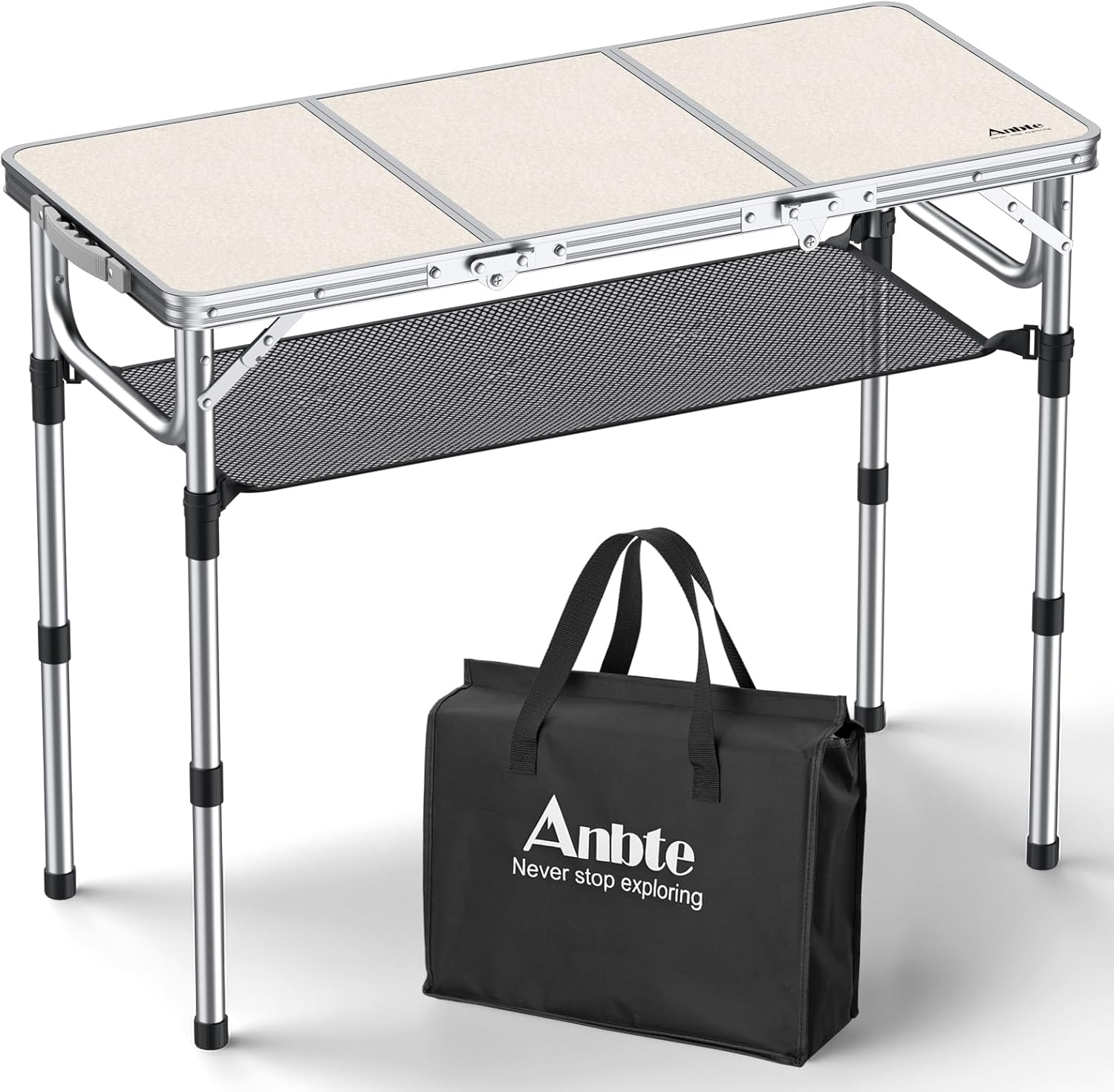 Anbte Folding Camping Table, 88 cm x 40 cm Aluminum Folding Table 3 Adjustable Height, Camping Table with Storage Net and Bag, Portable Table for Indoor Outdoor Backyard Picnic Garden, BBQ, Silver