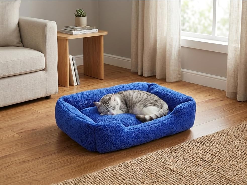 Premium Dikdörtgen Peluş Kedi Yatağı Ve Küçük Irk Köpek Yatağı - 60X45 Cm, Mavi