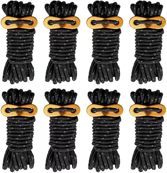 Smithok 8 Pack 4mm Guy Lines Ultralight Tent Cords with Aluminum Adjuster Tensioner Outdoor Camping Guylines Ropes for Tent Tarp,Camping,Hiking Backpacking (Black)