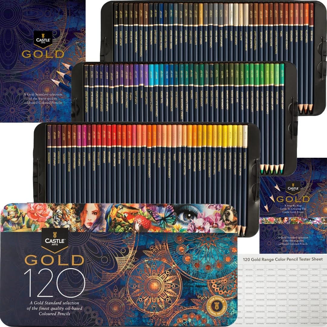 Castle Art Supplies 120 Colouring Pencils Set (Gold Standard) High-Quality Oil-Based Paint Cores Sharpener & More Resistant to Breakage For Experienced Artists Colour Artists Tin Presentation Box
