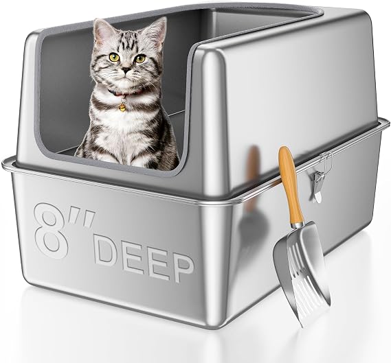 16'' High Sides L All Stainless Steel Cat Litter Box with Lid,8'' Deep Metal Litter Box for Big Cats,Extra Large Litter Boxes with High Wall Enclosure,Anti-Leakage,Never Absorbs Odors,Non-Sticky