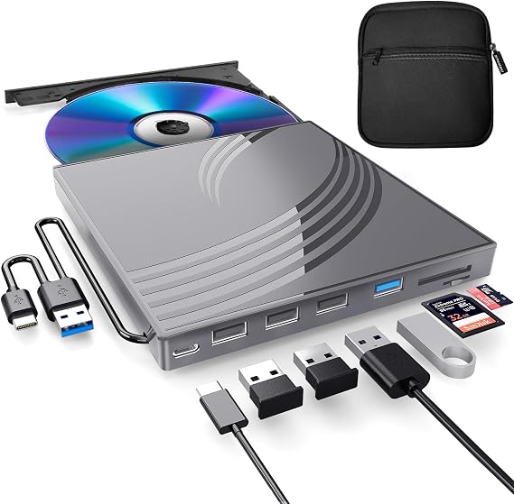 BPAKDU External CD/DVD Drive for Laptop, Ultra Slim CD Burner USB 3.0 Hub with 4 USB Ports, 2 TF/SD Card Slots, 1 Type-C Port, Laptop DVD Player with Case(Gray)