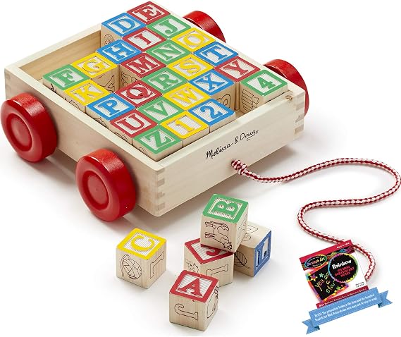 Melissa & Doug Classic ABC: 30-Piece Wooden Block Cart Bundle with 1 Theme Compatible M&D Scratch Fun Mini-Pad (01169)
