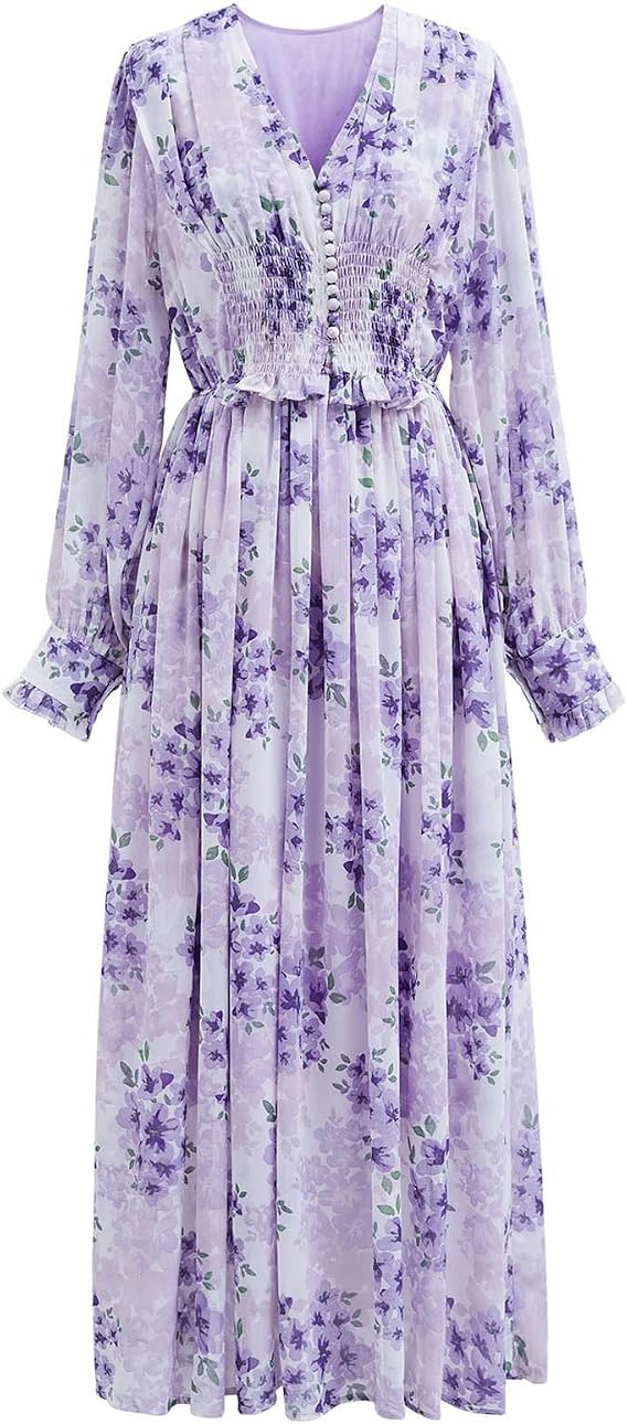 CHICWISH Women's Orange/Lilac/Black V-Neck Delicate Floral Print Buttons Shirred Chiffon Slit Maxi Dress